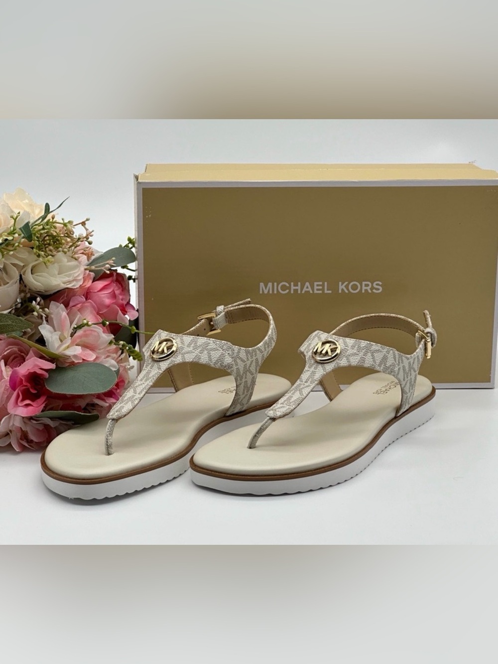 Michael Kors Beige Logo Thong Sandals with Gold MK Emblem 9